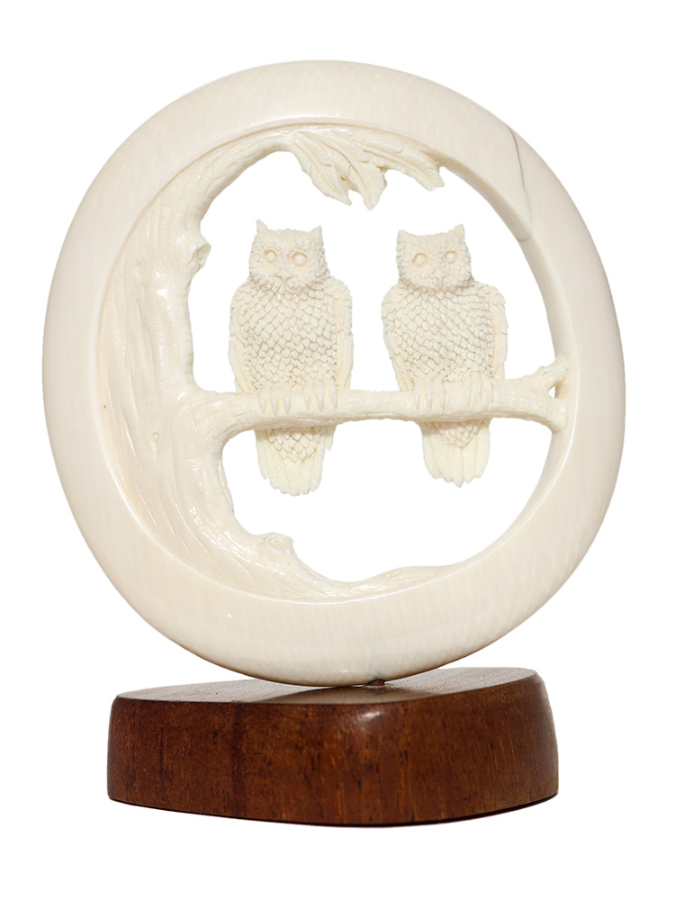 Owls on a Branch Ivory Carving