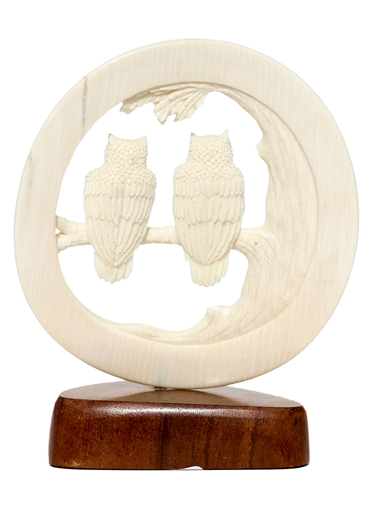 Owls on a Branch Ivory Carving