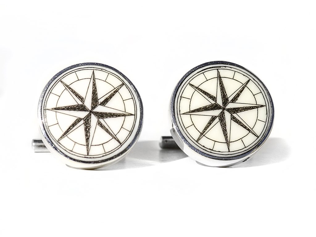 David Smith Scrimshaw - Compass Rose Scrimshaw Cufflinks