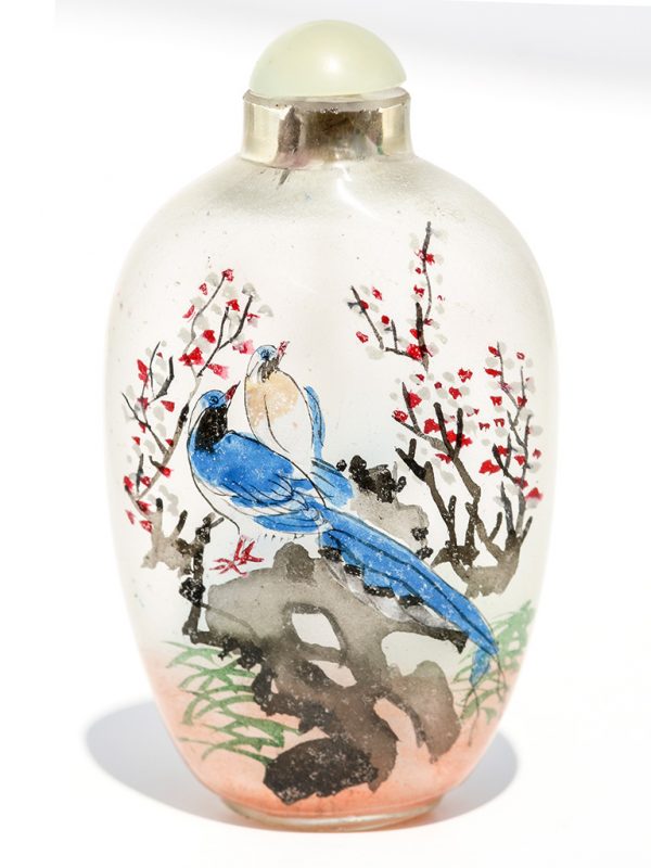 Unknown Artist - Bluebirds Glass Snuff Jar - Scrimshaw Collector