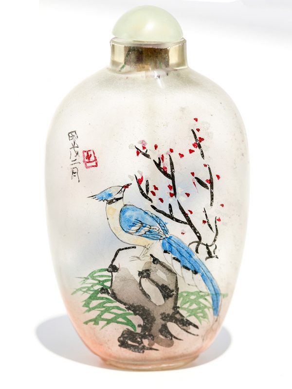 Unknown Artist - Bluebirds Glass Snuff Jar - Scrimshaw Collector