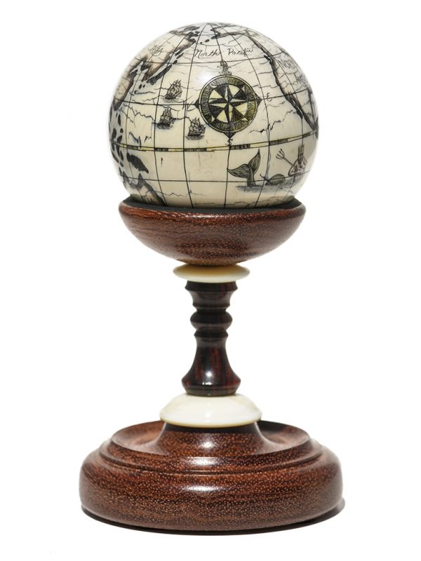 Scrimshaw Globe on Ivory Cue Ball