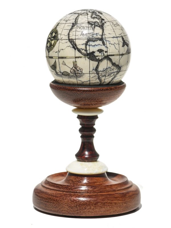 Scrimshaw Globe on Ivory Cue Ball