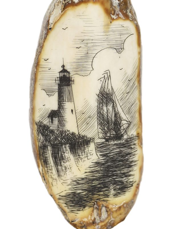 Gerry Dupont Scrimshaw - Lighthouse and Schooner