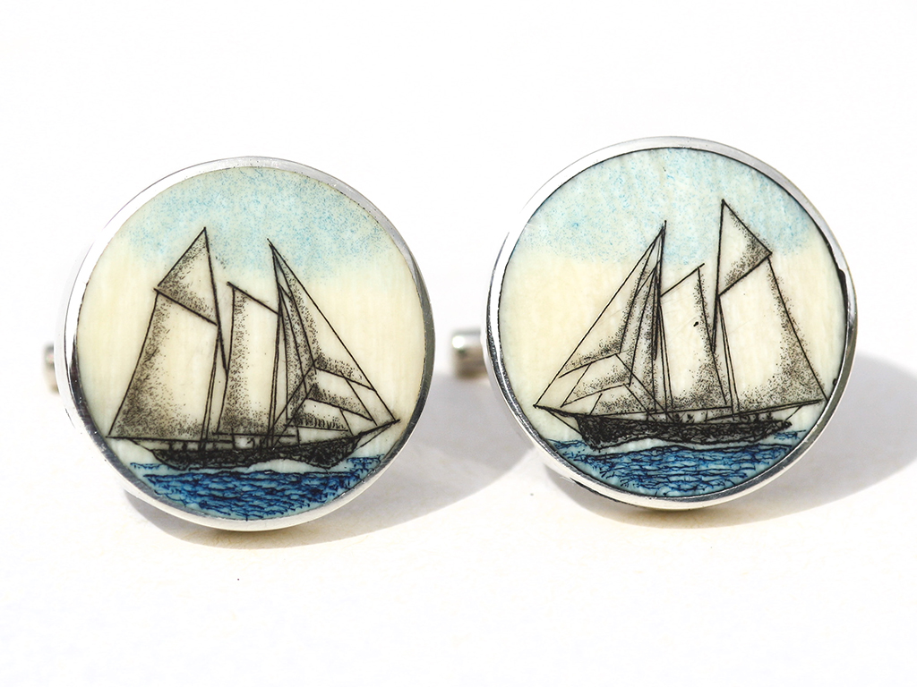 David Smith Scrimshaw - Schooner Cufflinks