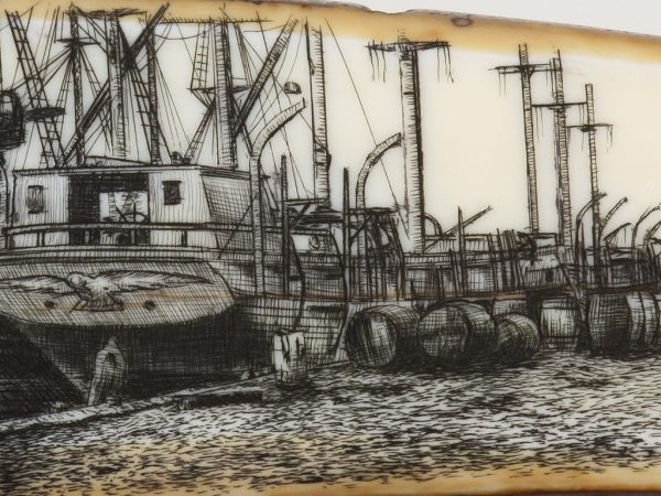 Gerry Dupont Scrimshaw - Whalers at New Bedford Wharf