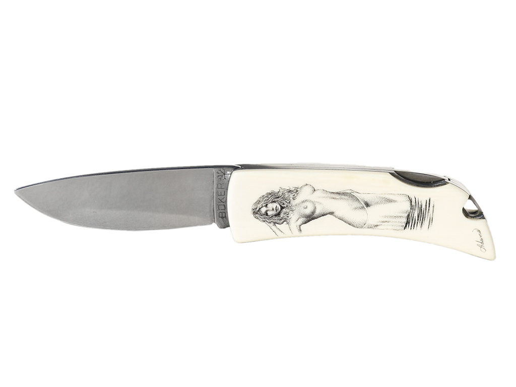 D. Adams Scrimshaw - Nude Portrait on Boker Knife