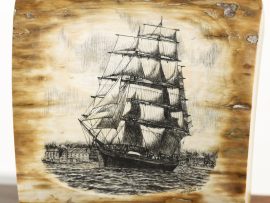 Gerry Dupont Scrimshaw- Medium Clipper Southern Cross Leaving Boston Harbor - Scrimshaw Collector