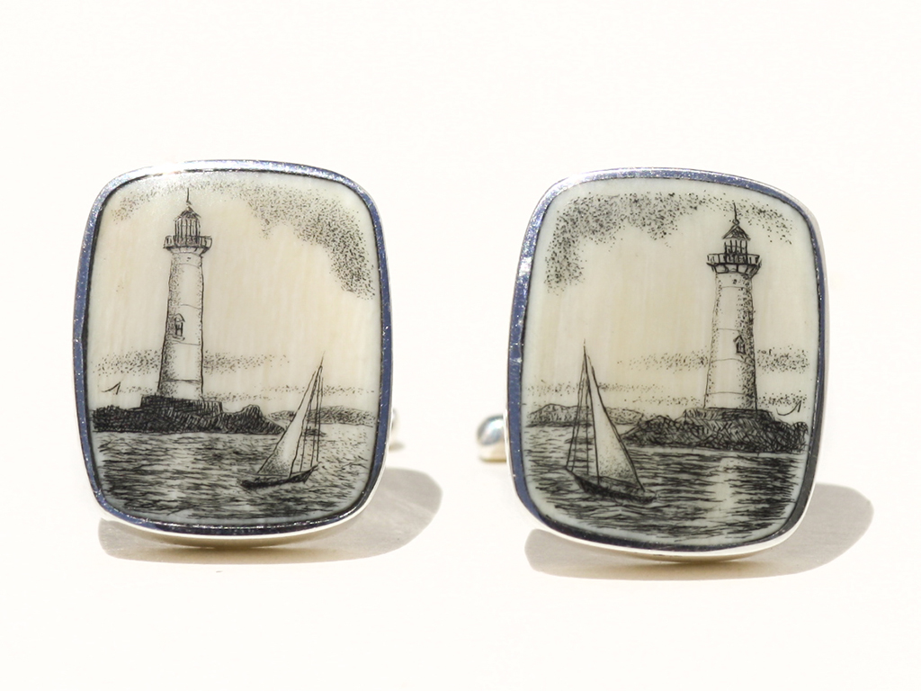 David Adams Scrimshaw - Lighthouse with Sailboat Cufflinks - Lighthouse with Sailboat Cufflinks