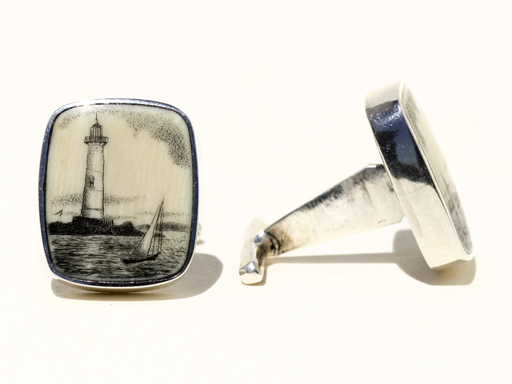 David Adams Scrimshaw - Lighthouse with Sailboat Cufflinks - Lighthouse with Sailboat Cufflinks