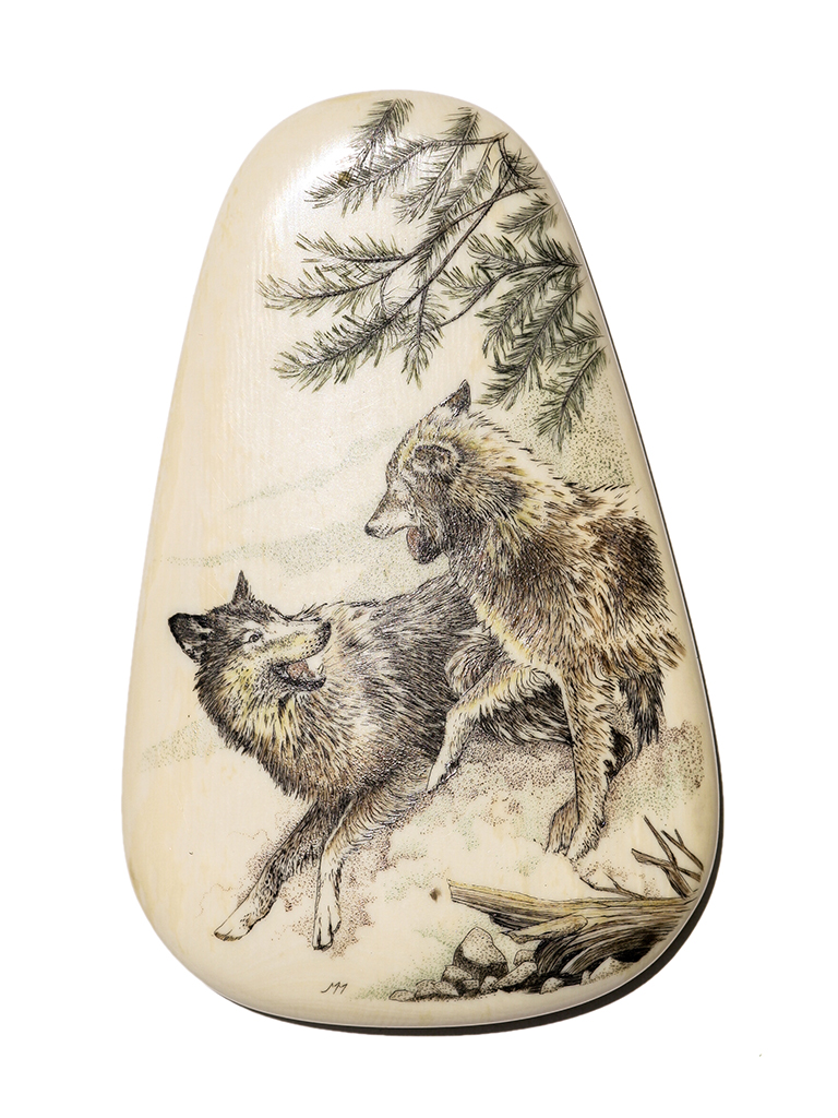 Margi Meyer Scrimshaw - Wolf Pups in Snow
